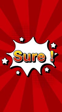 sure text word lettering popup comic cartoon reveal with bomb and smoke explosion manga anime book page dots radial speed lines doodle red background seamless loop vertical animation retro
