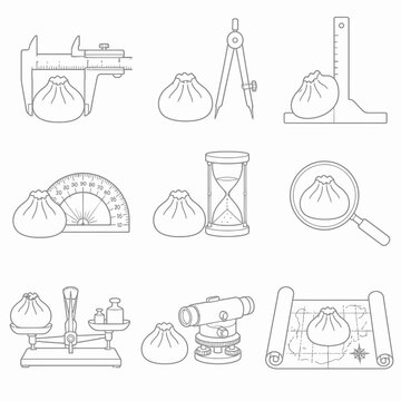Line art icon set of dumplings paired with precision measurement tools including calipers, compass, protractor, hourglass, magnifying glass, scales, and surveying equipment.