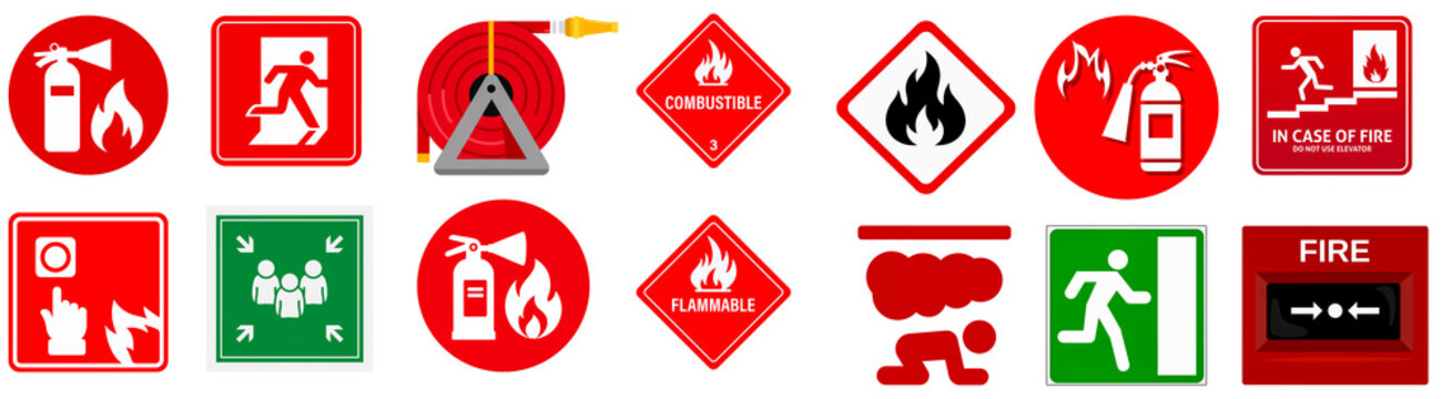 Fire Safety Icon Collection PNG &ndash; Emergency Exit, Fire Extinguisher, Flammable Hazard and Fire Alarm Signs