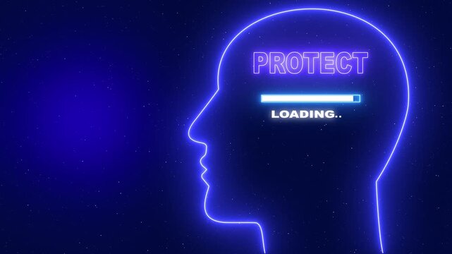 Protect Neon blue outline of a human head profile with the word Server Security and a loading bar on a dark blue starry background
