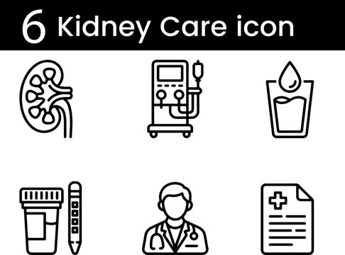 Kidney Care Medical Line Icons Set Vector Illustration with Kidney Anatomy, Dialysis, Urine Test and Healthcare Symbols