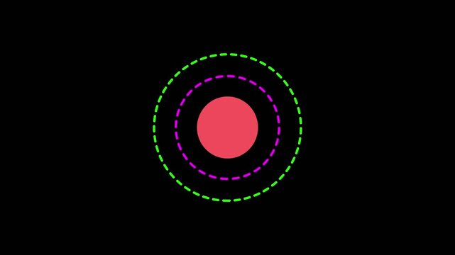 A vibrant red circle is centrally positioned surrounded by concentric dashed circles in bright green and magenta against a stark black background creating.