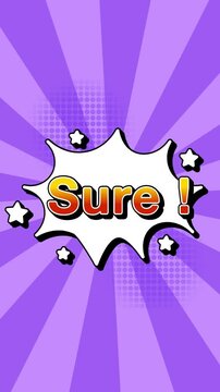 sure text word lettering popup comic cartoon reveal with bomb and smoke explosion manga anime book page dots radial speed lines doodle lavender background seamless loop vertical animation retro