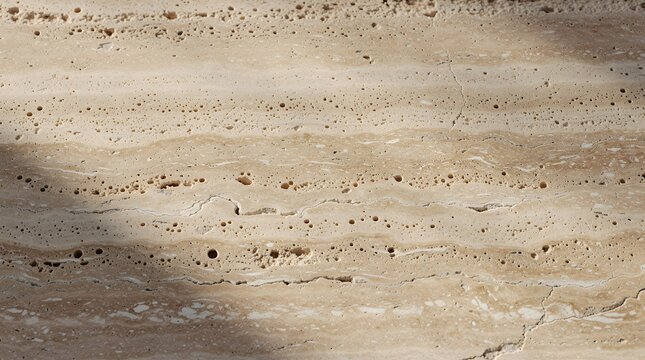 Close up of natural beige travertine stone texture with porous surface and wavy patterns.