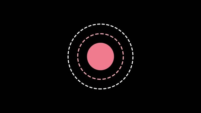 A soft pink circle is centrally located and framed by two dashed concentric circles in white against a solid black background creating a simple and clean abstract.