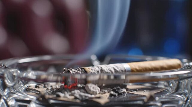 Close-up of a smoldering cigarette in a glass ashtray with wisps of smoke rising into the air