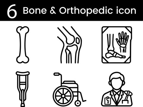 Bone and Orthopedic Medical Line Icons Set Vector Illustration with Skeleton, Joint, Prosthetic, Wheelchair and Orthopedic Healthcare Symbols
