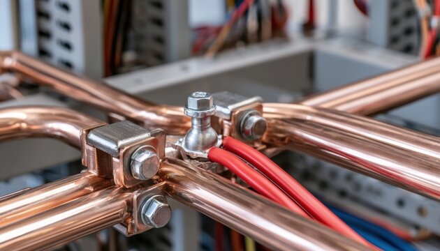Close-up perspective of copper busbars and industrial wiring in an electrical panel