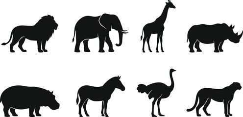 African safari animal silhouettes set featuring lion, elephant, giraffe, rhino, hippo, zebra, ostrich, and cheetah. © Shariful