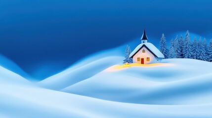 Fototapeta premium Snow-covered alpine chapel glowing at golden hour during snowstorm
