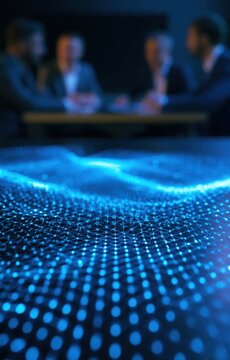Close-up view of a glowing blue digital network pattern in a business meeting setting