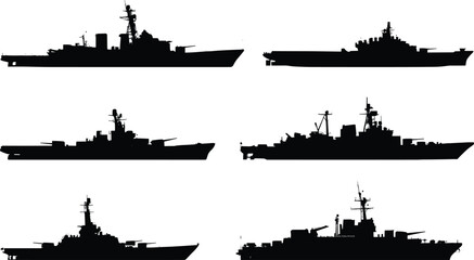 Military Warship Silhouette Vector Collection Featuring Navy Battleships Frigates Destroyers Aircraft Carriers and Naval Patrol Vessels Set © Shariful