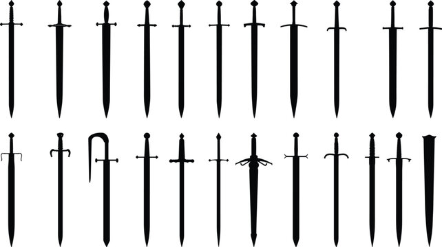 Medieval Sword and Blade Silhouette Vector Set Featuring Longswords, Daggers, Broadswords, Rapier, and Scabbard