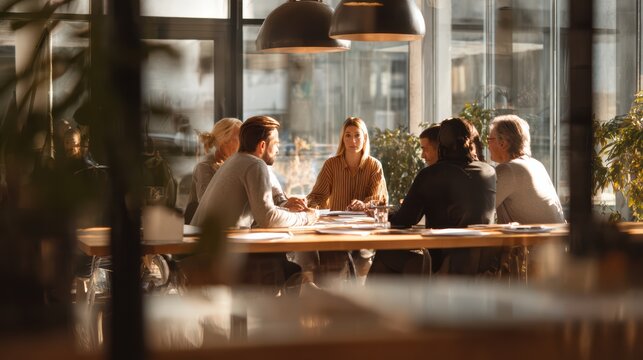 Professional meeting in a bright clean cafe, diverse group reviewing papers and notes, realistic textures, shallow depth of field 