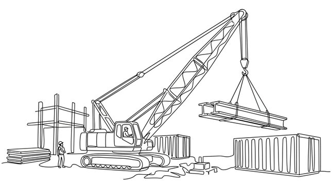 Line art illustration of a heavy duty construction crane lifting a steel beam on a building site.