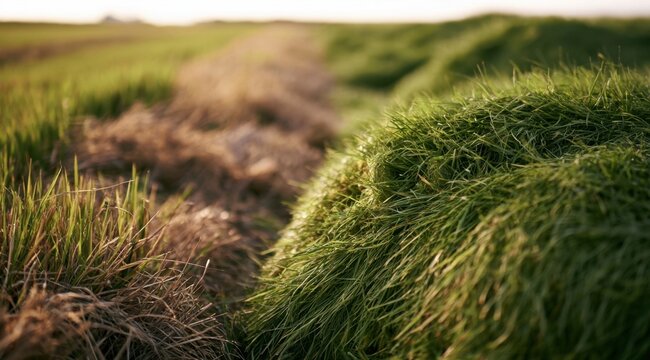 Close-up view of freshly cut green grass gathered in windrows along a field dirt path under warm sunlight
