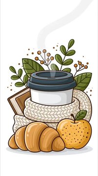 Beautiful sticker with a cup of coffee, a book, and a warm scarf isolated on white background
