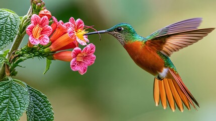 Fototapeta premium Hummingbird hovering mid flight sipping nectar from pink orange flower