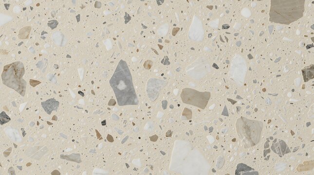 Seamless beige terrazzo texture with scattered stone chips and granite particles.