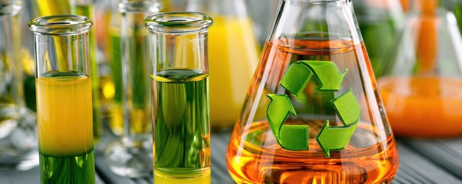 Colorful laboratory test tubes and a beaker with recycling symbols in a science lab setting