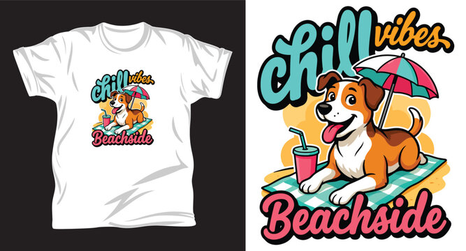 Cartoon dog relaxing on beach mat under umbrella with drink vector t-shirt design.