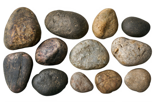 Collection of various smooth river stones and pebbles in different shapes and shades of gray isolated on transparent background