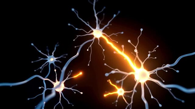 Glowing Neurons and Synaptic Transmission Neural Network Interconnected Brain Cells Concept 3D Scientific Animation
