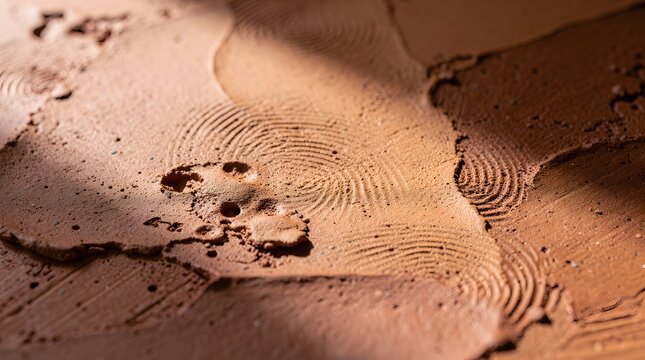 Close up of human fingerprints pressed into wet brown clay surface with natural lighting.