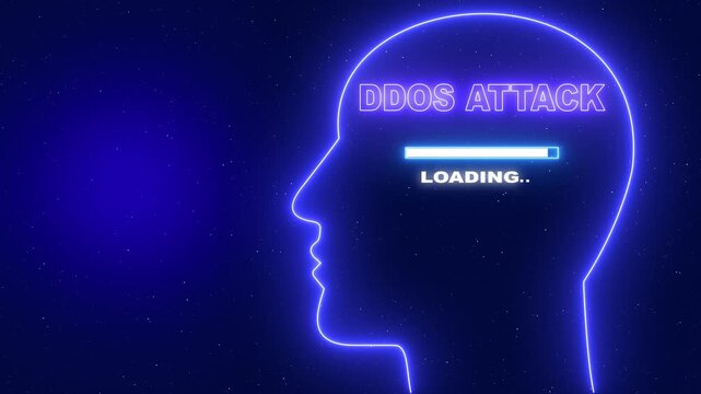 ddos attack Neon blue outline of a human head profile with the word Server Security and a loading bar on a dark blue starry background