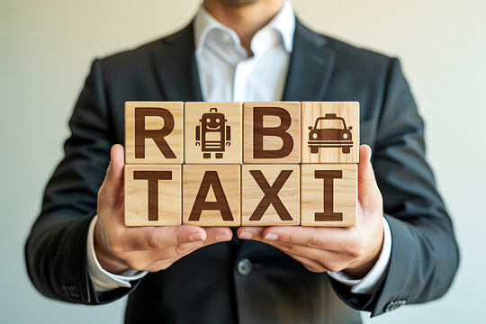 Businessman holding robot taxi wood blocks