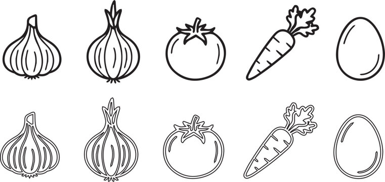 Minimalist food line art icons set featuring garlic, onion, tomato, carrot, and egg for cooking designs.
