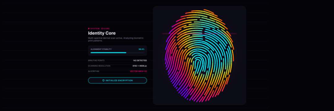 Futuristic digital identity scanning interface featuring a colorful gradient fingerprint biometric scan with high-tech HUD elements, data metrics, and cyber security encryption theme on a dark backgro
