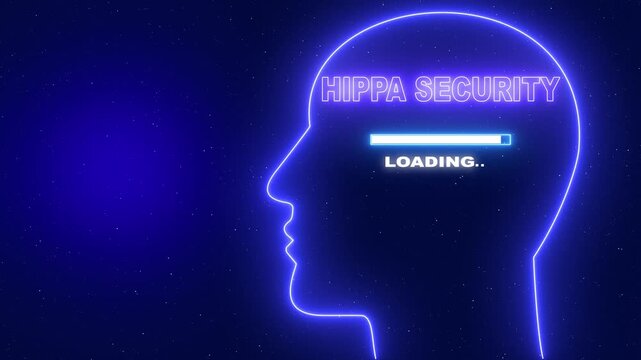 Hippa Security Neon blue outline of a human head profile with the word Server Security and a loading bar on a dark blue starry background