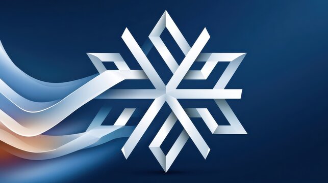 Abstract geometric snowflake with flowing ribbon on blue gradient background