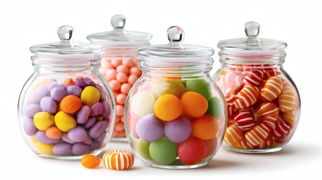 Assorted colorful candies in glass jars on a white background. Bright and vibrant confectionery assortment, ideal for sweet shop or dessert concepts.