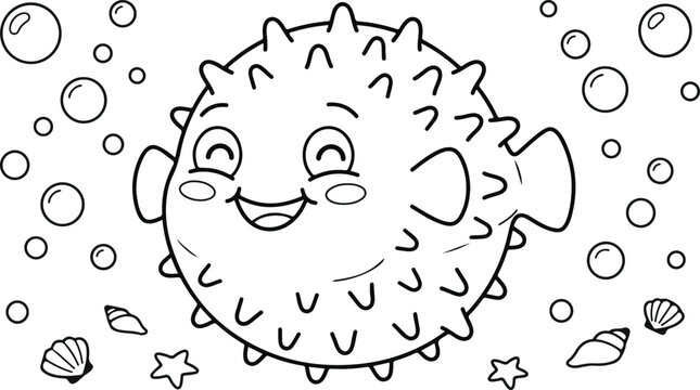 Cute cartoon puffer fish for kids coloring page with bubbles and seashells on a white background