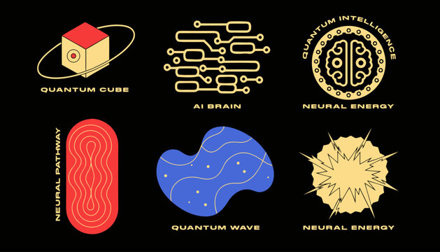Quantum intelligence and neural energy icons, set of 6 futuristic technology vector elements, abstract AI brain and quantum cube graphics