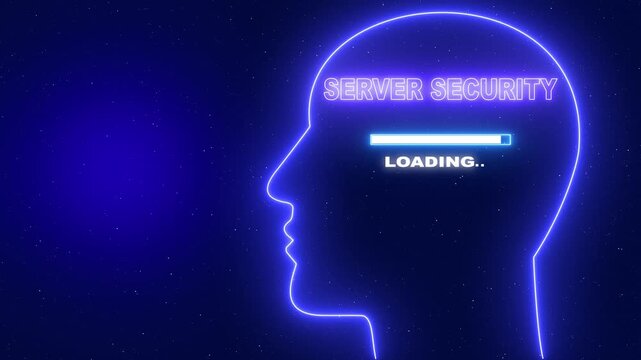 Server Security Neon blue outline of a human head profile with the word Server Security and a loading bar on a dark blue starry background	