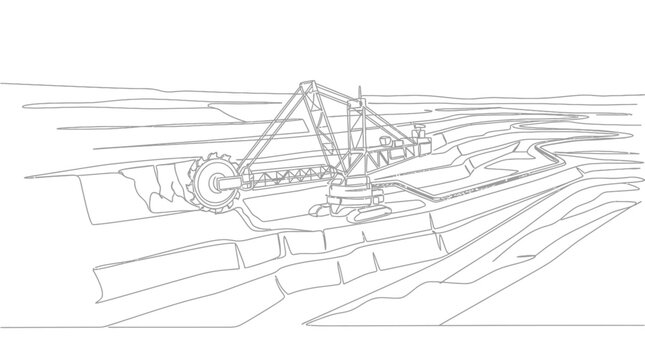 A detailed line drawing of a massive bucket wheel excavator operating in an open pit mine.