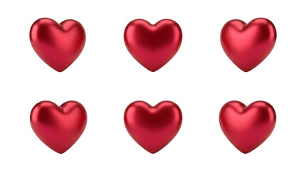 Fototapeta premium A collection of six glossy red hearts arranged in a grid pattern representing love and romance isolated on transparent background