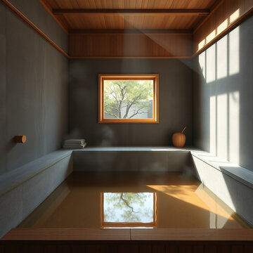 Japanese onsen bath house with hinoki soaking tub and steam