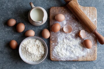 Fototapeta premium The Baking Essentials: Eggs, Flour, Milk and Rolling Pin on a Rustic Board