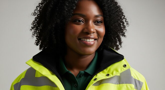 Confident Young Woman Wearing a High-Visibility Safety Jacket and Green Polo Shirt, Smiling