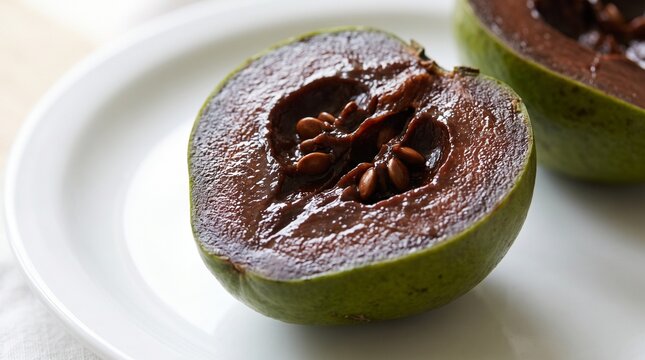 Black sapote chocolate pudding fruit halved dark brown flesh exotic fruit macro photography