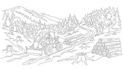 Fototapeta premium A heavy logging tractor working in a forest clearing with stacked timber logs.