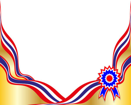 Luxurious gold ribbon border frame featuring Thai patterns, the Thai flag, and a transparent background.
