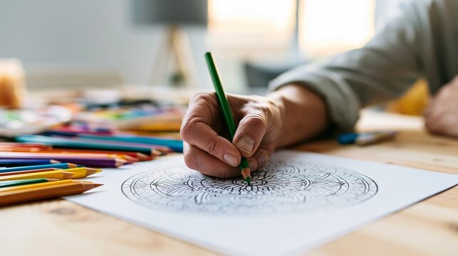 Person's hand coloring a detailed circular mandala pattern with a green pencil, promoting relaxation and creative well being