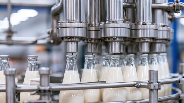 The Milk Bottling Line in a Modern High Tech Dairy Factory Scene