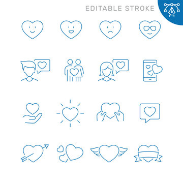 Vector line set of icons related with heart. Contains monochrome icons like heart, love, passion, valentine, and more. Simple outline sign. Editable stroke.