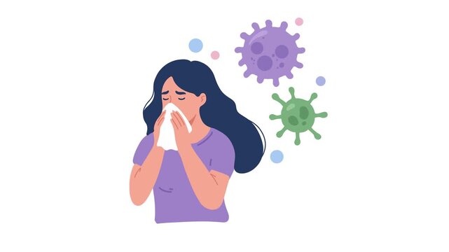 animation woman with virus particles allergy and infection concept